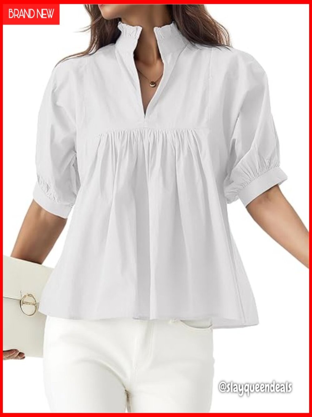Babydoll Peplum Blouse Puff Sleeve V Neck Loose Fit Cotton Top